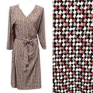 Talbots Dress faux wrap houndstooth design tan brown and burnt orange modest M